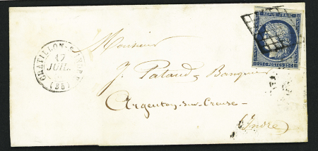 N°4 OBL grille + T15 "Chatillon-s-Indre (35)" (1851) sur lettre. TB