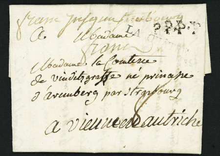 LA CHÂTRE : MP "La Châtre" (28 mm - 1782) sur lettre pour Vienne (Autriche) avec mention manuscrite "franc jusqu'à Strasbourg", ind 22+. TB