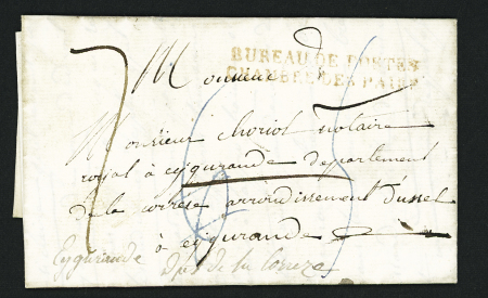 MP rouge au verso "Deb 35 La Châtre" avec au recto MP rouge "Bureau de postes Chambre des Pairs". Rare et TB, ind 23+