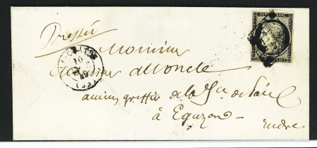 N°3 OBL grille + T15 La Châtre (1849) sur lettre pour Eguzon, ind 15. TB