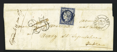 N°4 OBL grille + T15 La Châtre (1851) sur lettre avec taxe 25 double-trait rayée. TB