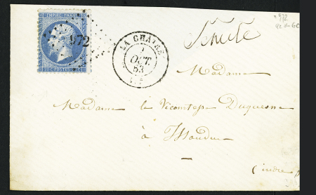 N°22 OBL PC du GC 972 + T15 La Châtre (1863) sur lettre, ind 15. TB