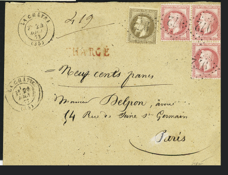 N°30 + 32, 80c rose, 3 pièces OBL GC 972 + T17 La Châtre (1872) sur lettre chargée à 900F pour Paris. TB