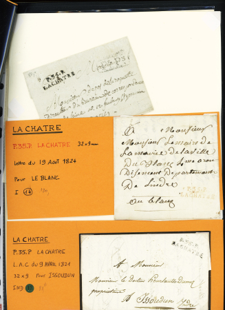 42 plis de La Châtre dont ports payés, lettres affranchies (dont 2 BM dans un ovale). Bel ensemble