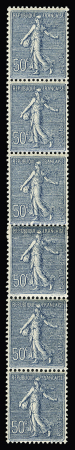 N°7 50c bleu, variété bande verticale de 6 avec raccord