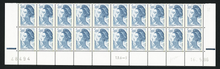 N°2190 Liberté 5f bleu-vert, bloc de 20 bas de feuille