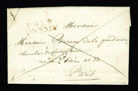 MP rouge "P 42 P Ancenis" (1824 - rouge - 30 x 12mm). TB