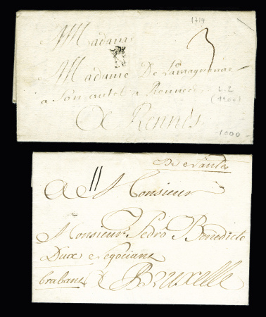 NANTES : 2 lettres : MP manuscrite "de Nantes" (L n°1 1A) pour Bruxelles (1721 - ind 10) et "N" couronné (L2 - ind 18 - 1714). TB lot