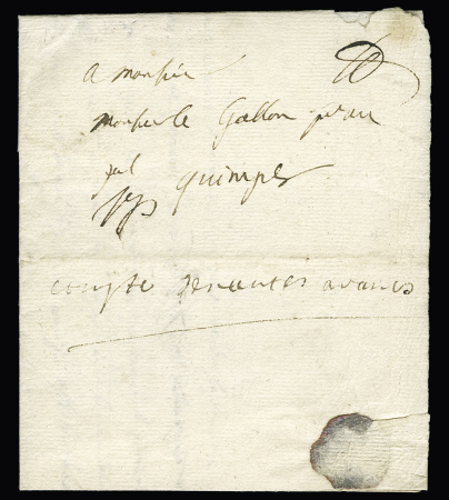 Lettre de Nantes pour Quimper (1675) avec mention manuscrite "Compté de Nantes à Vanes". Rare et TB