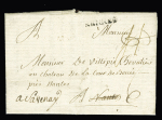Lettre de Rennes pour Bouée (à 5km de Savenay) (1768) avec petite mention manuscrite "Deb de nantes" (1ère date connue et marque au tampon "UB/S" de Rennes. TB