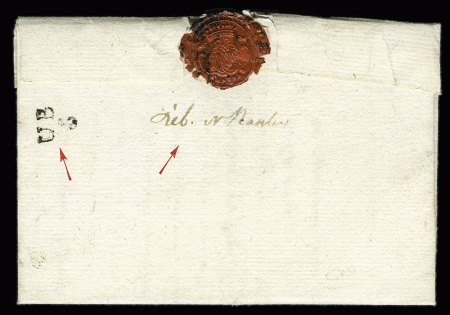 Lettre de Rennes pour Bouée (à 5km de Savenay) (1768) avec petite mention manuscrite "Deb de nantes" (1ère date connue et marque au tampon "UB/S" de Rennes. TB