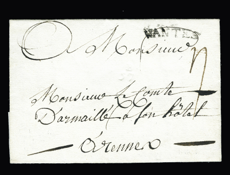 Lettre du château des Montiers (commune de Goulaine) pour Rennes 1784 prise en charge par la Petite Poste de Nantes avec marque "B57" à sec et MP "Nantes" en noir. TB