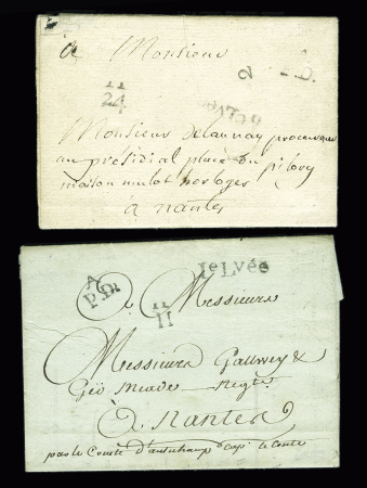 2 lettres de la petite poste de Nantes : Une de la Chevrolière avec marque de la boite 2 (1788), l'autre de Saint-Pierre Martinique (1789) pour Nantes avec MP "A PD" et "1e Lée". Bel ensemble