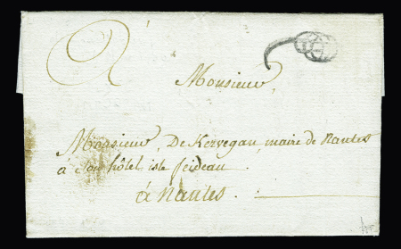 Petite Poste de Nantes : lettre de Grand Champ pour le maire de Nantes (16 nov 90) avec le paraphe de franchise du petit type (23mm). Connue uniquement en 1790. TB