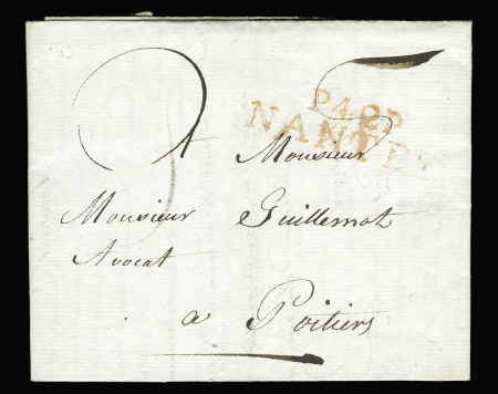 MP rouge "P 42 P Nantes" (1802 - 47 x 13mm - connu seulement en 1802), ind 18. TB