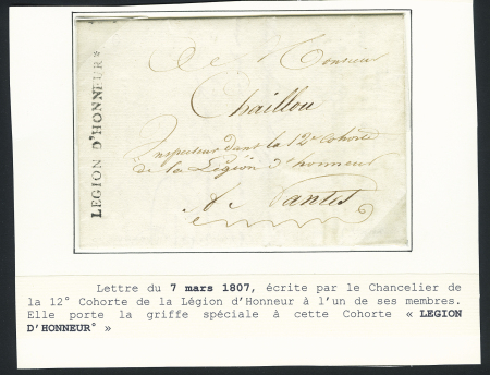 Lettre du chancelier de la 12ème Cohorte avec MP noire "légion d'honneur" (1807). TB