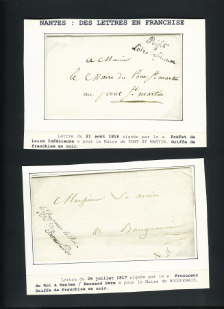 2 lettres avec franchises noires "Prefet Loire Inférieure" (1816) et "Le procureur du roi à Nantes - Berard Père" (1817). TB