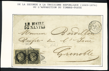 N°3 en paire OBL grille + T15 Nantes (9 nov 49) sur lettre avec griffe noire "Le Maire de Nantes" (double port). TB