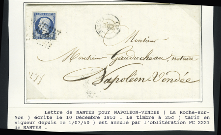 N°10, 25c bleu OBL PC 2221 + T15 "Nantes (42)" (1853) sur lettre pour Napoléon - Vendée (La Roche-sur-Yon). TB