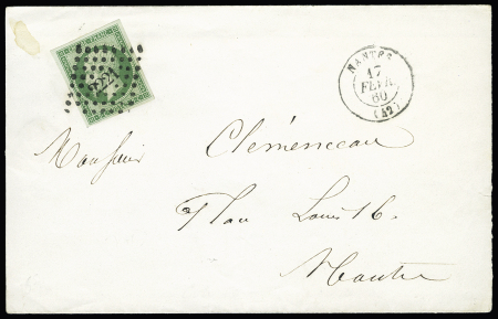 N°12, 5c vert foncé OBL PC 2221 + T15 "Nantes (42)" (1860) sur lettre sans texte (vraisemblablement faire-part). TB 