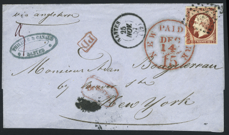 N°17, 80c carmin, OBL PC 2221 + T15 "Nantes (1857)" sur lettre pour New-York avec au recto grand CAD rouge "New-York paid 15". TB