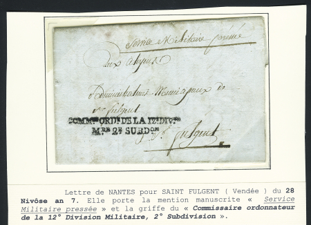 Lettre de Nantes pour Saint-Fulgent (Vendée) du 28 nivôse an 7 avec griffe noire "Commre ordr de la 12e  Divon Mre de la 12e Division militaire, 2e subdon". TB