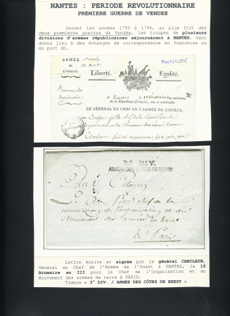 Lettre écrite et signée par le général Canclaux, général en chef de l'Armée de l'Ouest à Nantes (15 brumaire an 3) avec marque noire "3e div armées des côtes de Brest". TB