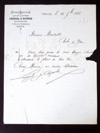 7 documents de Nantes dont factures illustrées période Sage et document à en-tête "artillerie - arsenal de construction de Nantes" rédigé par Vallier, chef de bataillon (an 3). TB