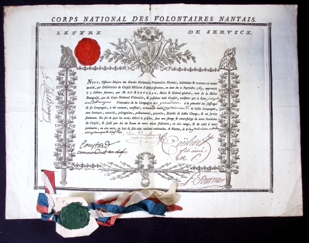CORPS NATIONAL DES VOLONTAIRES NANTAIS - Nomination en partie imprimée avec très belle gravure par Méguet (graveur à Nantes) aux armes de Nantes et aux 2 bonnets (aux hermines et aux fleurs de lys) pour le sieur Jose