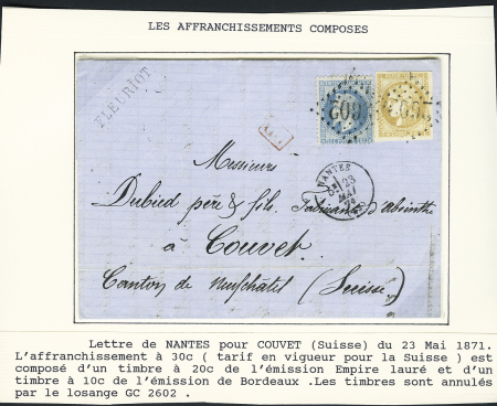 N°29 + 43 OBL GC 2602 + T16 Nantes (23 mai 71) sur lettre pour Couvet (Suisse). TB