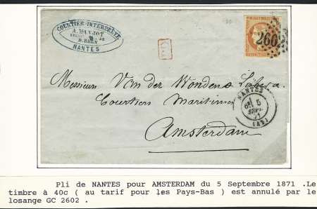 N°48, 40c orange Bordeaux  OL GC 2602 + T17 Nantes (5 sept 71) sur lettre pour Amsterdam. TB