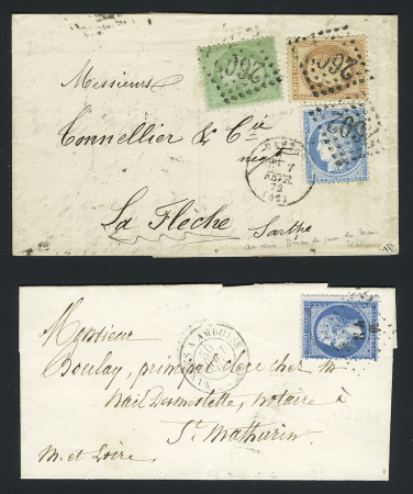 2 lettres: N°22 OBL losange de points "NA" "Nantes à Amboise" (1864) et n°20 + 23 + 60 OBL GC 26°2 + T16 Nantes (1872) pour La Flèche (Sarthe). TB