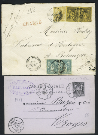 N°75 en paire + 92 + 93 en paire, type Sage OBL CAD "Saint Nazaire Loire-Inférieure" (1882) sur lettre chargée, bel AFF. TB