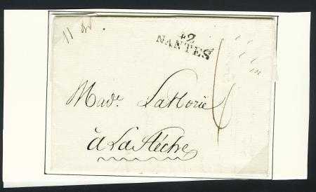 Lettre de New-York pour La Flèche (Sarthe) (30 mars 1803 avant la reprise des hostilités avec l'Angleterre) avec MP "42 Nantes" utilisée comme marque d'entrée. TB