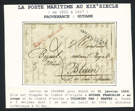 Lettre de Cayenne pour Blain avec MP rouge "Guyane française" + MP "colonies par / Nantes" (Salles n°60). TB