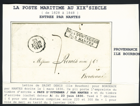 Lettre de Saint-Denis pour Bordeaux avec marque d'entrée encadrée "Pays d'outremer par Nantes" + dateur A (1830) (Salles n°104), ind 11. TB