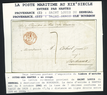 Lettre de Saint-Louis du Sénégal pour Bordeaux avec CAD d'entrée rouge "Outre-mer Nantes" (1841) (Salles n°145). TB