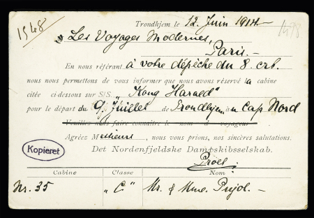 Norvège n°89 OBL CAD "Nordbanernes postksp II C" (12.6.14) sur carte postale avec texte imprimé annonçant la réservation d'une cabine sur le navire Kong Harald. TB