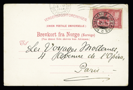 Norvège n°89 OBL CAD "Nordbanernes postksp II C" (12.6.14) sur carte postale avec texte imprimé annonçant la réservation d'une cabine sur le navire Kong Harald. TB