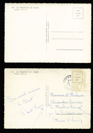 2 cartes postales avec vues du navire Commandant Charcot en Terre Adélie (vers 1949). Clichés peu courants. TB