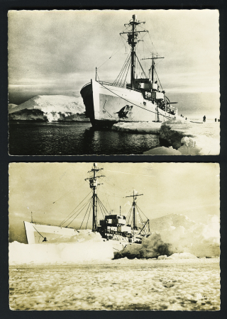 2 cartes postales avec vues du navire Commandant Charcot en Terre Adélie (vers 1949). Clichés peu courants. TB