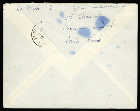 TAAF PA n°1 OBL CAD seul "Terre Adélie Antarctique" (20.1.50) sur lettre recommandée avec cachet rect-violet "Batiment polaire Commandant Charcot" et divers cachets dont ouverture service postal. TB