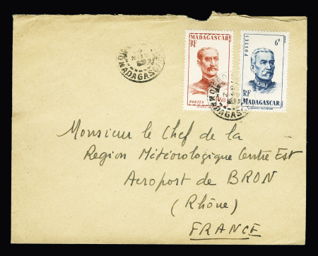 Madagascar n°308 + 314 OBL Diego-Suarez (6 nov 50) sur lettre sans mention particulière écrite par André Prudhomme lors de l'escale du Commandant Charcot. Rare