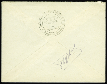TAAF PA n°1 OBL CAD "Terre Adélie Antarctique" (24.1.1952) sur lettre avec griffe encadrée noire "Base pointe géologie 1951 / 1952" écrite par Rivolier avec sa signature au verso. TB