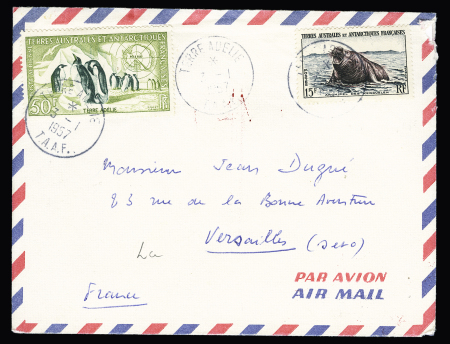 TAAF n°7 + PA2, 50F manchots, OBL Terre Adélie (3.1.1957) sur lettre. TB