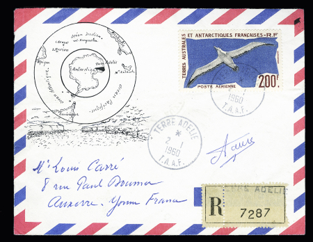 TAAF PA n°4, 200F Albatros, OBL Terre Adélie (21.1.1960) sur lettre recommandée avec carte géographique en noir de la Terre Adélie. TB
