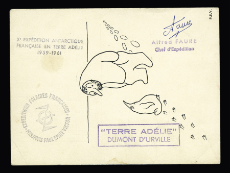 TAAF n°2 + 3 + 4 + 7 + 12 + 13 + 15 OBL Terre Adélie (2.1.1960) sur cate PEV (explorateur rencontrant un manchot) avec diverses griffes et signature d'Alfred Faure. TB