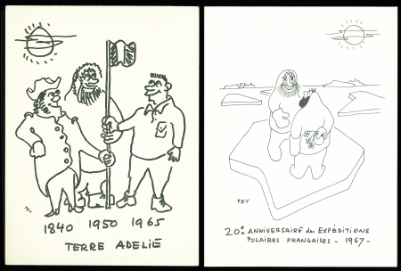 2 cartes PEV de nouvel an : TAAF n°13C + 14 OBL Terre Adélie (31.12.1966) sur CP 20ème anniversaire EPF 1967 et TAAF n°15 OBL Terre Adélie (17.1.1966) sur CP "1840 - 1950 - 1965 Terre Adélie". TB