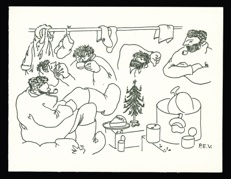 Carte double de Nouvel An (groupe d'explorateurs devant un arbre de Noël, avec signature "Paul E.Victor1957". Rare et TB