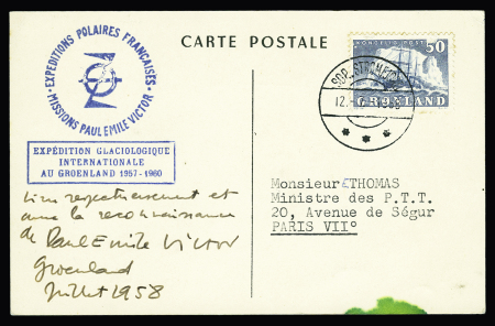 Groenland n°24 OBL CAD "SDR Stromfjord (1959) sur carte postale Samivel avec griffe encadrée bleue "expédition glaciologique internationale au Groenland 1957 - 1960" et signature PEV. TB